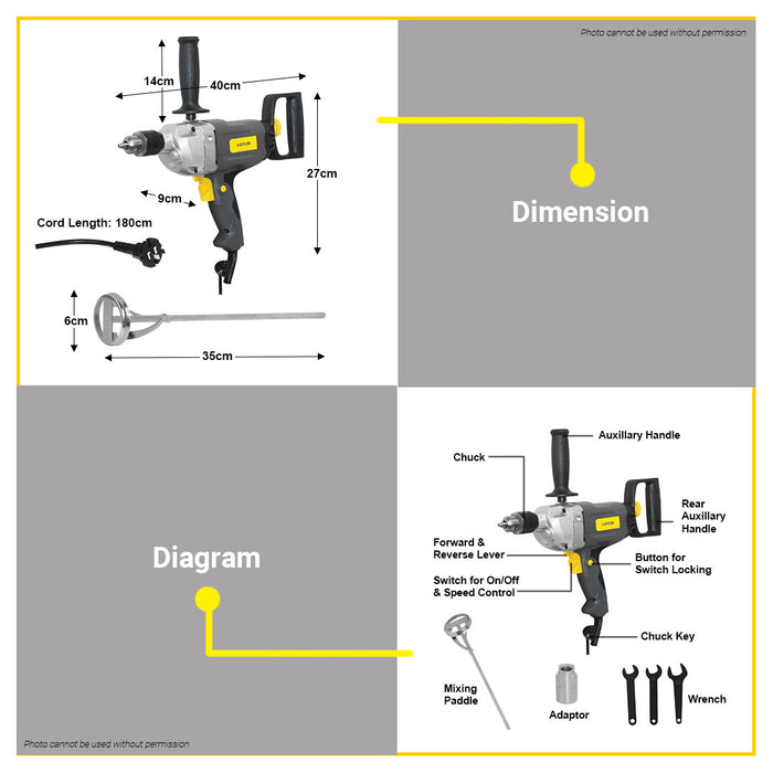 BUILDMATE Lotus 2in1 Mud Mixer / Electric Drill 1300W with Variable Speed Multi-functional Drilling & Electirc Stirrer LTMM1300XS - LPT