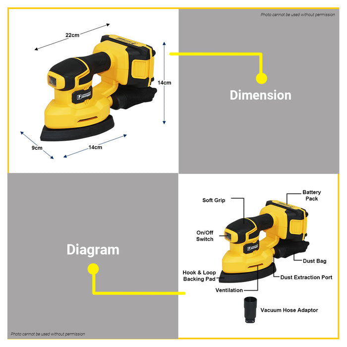 BUILDMATE Powerhouse 20V Cordless Palm Sander 125mm Wood Sheet Finish for Wood Finishing Woodworking Tools PH-20V- WLPRO-PS-125MM - PHPT