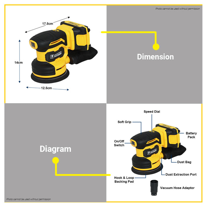 BUILDMATE Powerhouse 20V Cordless Random Orbital Sander 125mm with Dust Proof Switch Wood Sanding Polishing Machine PH-20V-WLPRO-ROS-125MM - PHPT