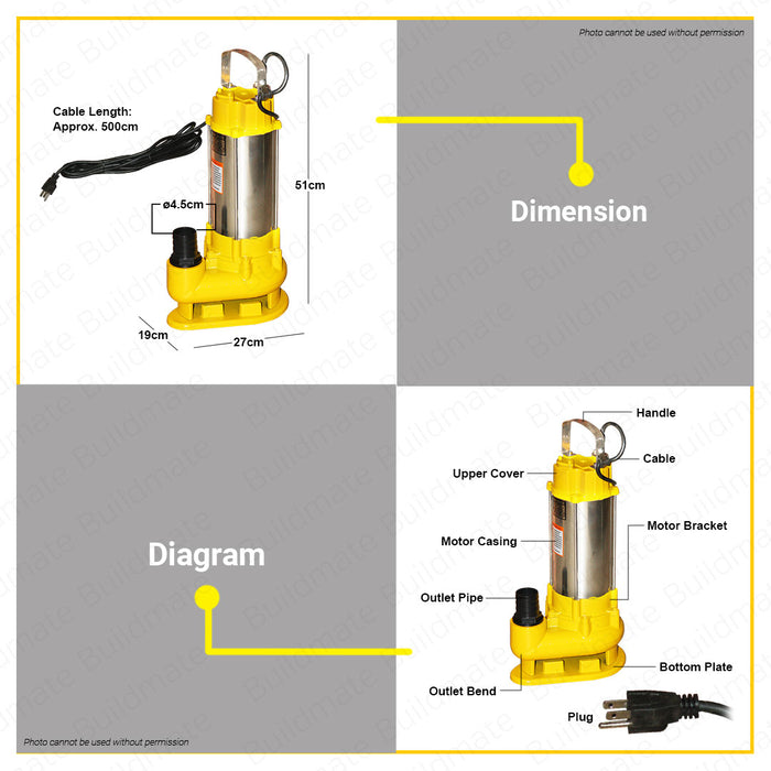 BUILDMATE Powerhouse 2HP Sewage Submersible Pump Outlet Water Transfer PH-CO-SUBSEWAGE-2HP • PHMB