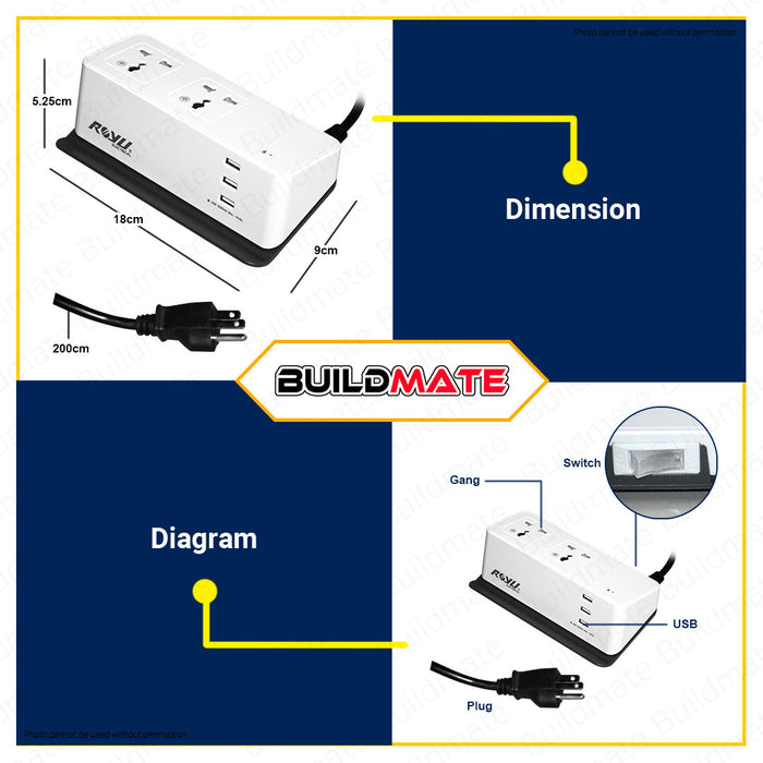 BUILDMATE Royu Desk Extension Cord With 3 USB 2 Gang Outlet and Phone Holder Electric Power Strip Universal Outlet Socket Surge Protector REDEC432W