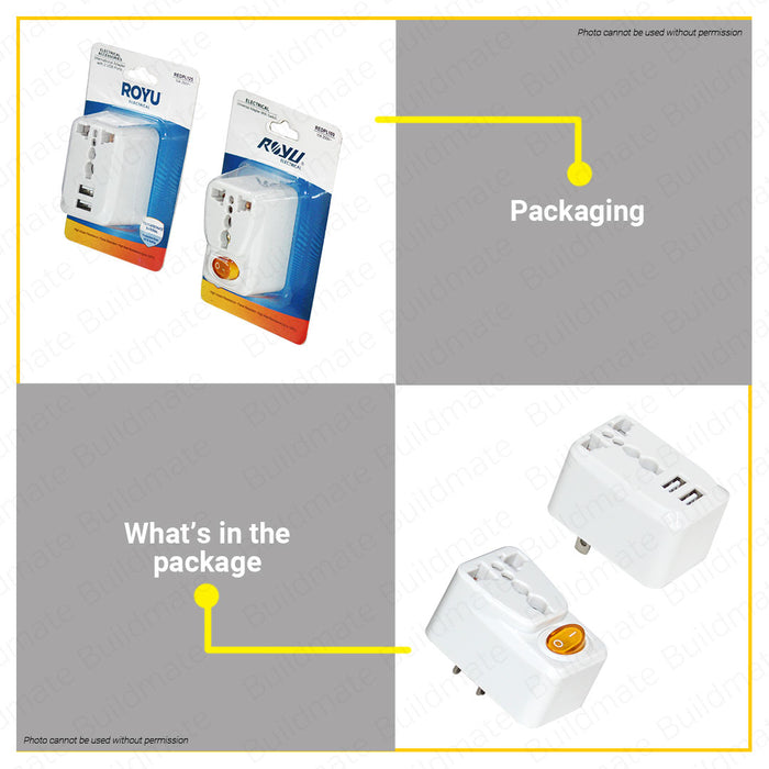 BUILDMATE Royu 10A 250V Universal Adapter Outlet With 2 USB Charger Switch Adaptor Plug Power Socket