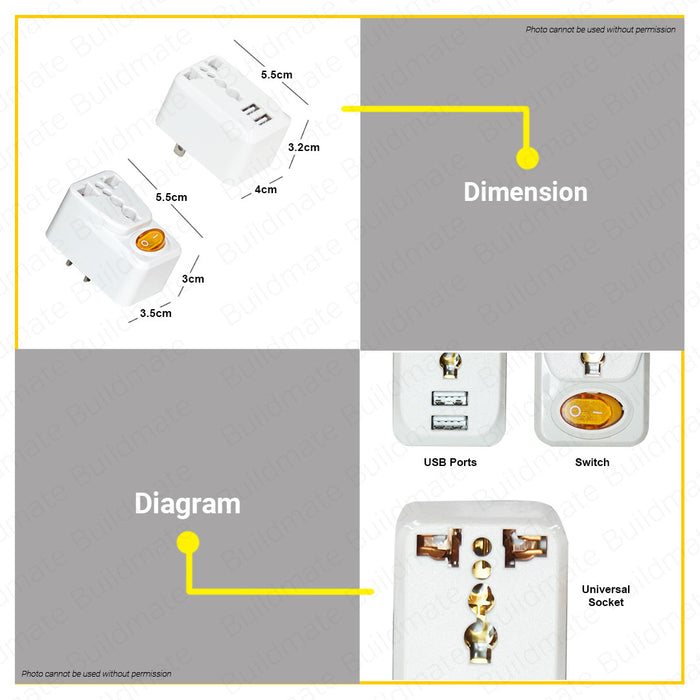 BUILDMATE Royu 10A 250V Universal Adapter Outlet With 2 USB Charger Switch Adaptor Plug Power Socket
