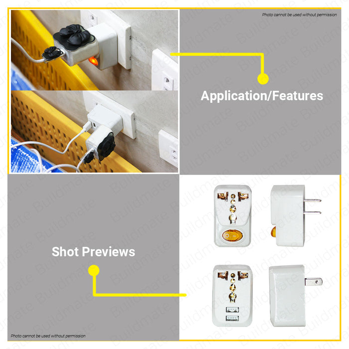 BUILDMATE Royu 10A 250V Universal Adapter Outlet With 2 USB Charger Switch Adaptor Plug Power Socket