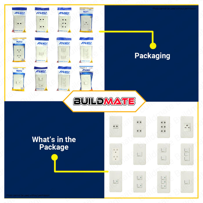 BUILDMATE Royu Classic Series Electrical Power Plate Set 1 2 3 Gang Duplex Universal Tandem Aircon Outlet & 3 Way Switch with Reflector / LED SOLD PER PIECE