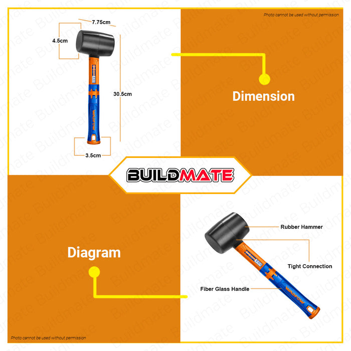 WADFOW 8oz Rubber Hammer Unique Design Fiberglass Handle Rubber Hammerhead WHM7301 •BUILDMATE• WHT