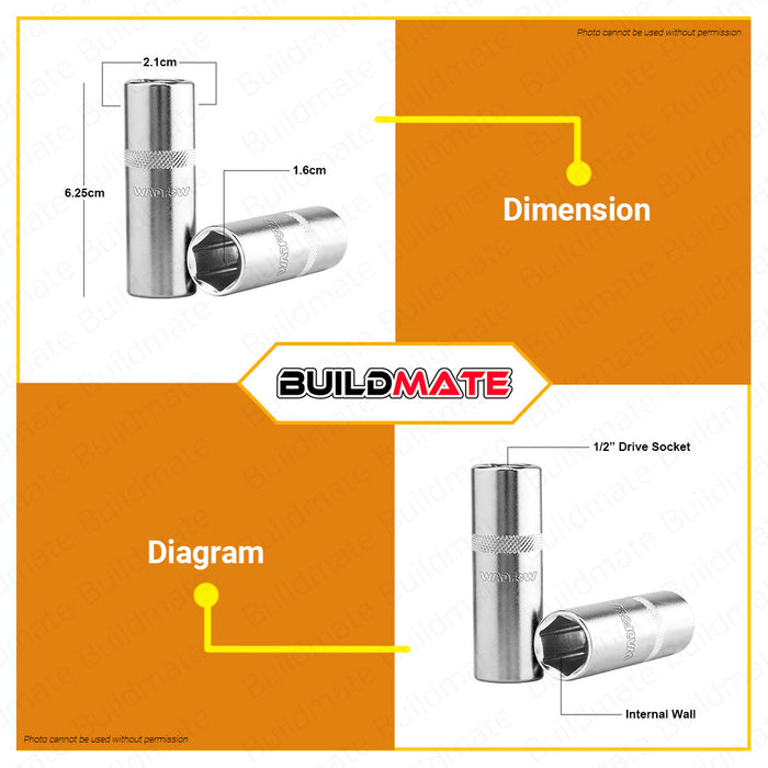 WADFOW 1/2" Inch Drive Spark Plug Socket 16MM | 21MM Deep Thin Wall Sockets CR-V Steel Hand Tool WSC4216 | WCS4221 •BUILDMATE• WHT