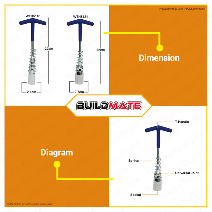 WADFOW T-Handle Spark Plug Socket Wrench 16MM | 21MM [SOLD PER PIECE] Long Extended T-Handle Joint Spark Plug Socket Wrench Drive Spark Plug Socket WTH5116 | WTH5121 •BUILDMATE• WHT