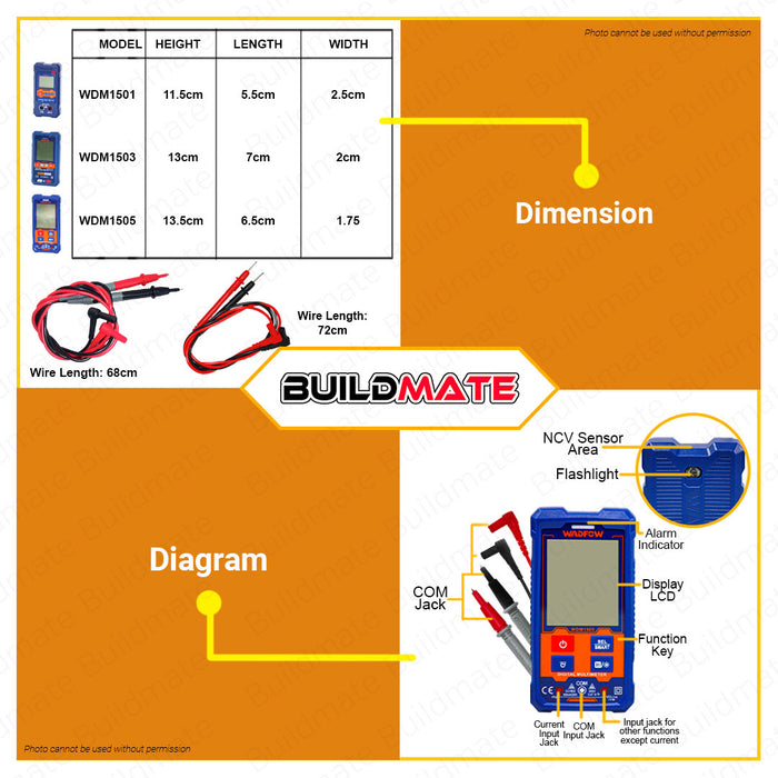 BUILDMATE Wadfow Digital Multimeter Tester 2000C | 4000C [SOLD PER SET] CAT III 600V DC AC Volt Multimeter Electric Tester DC Voltage Tester AC Voltage Tester Multi Meter Tester Ammeter Ohmmeter Modern Digital Auto Multimeter • WPT