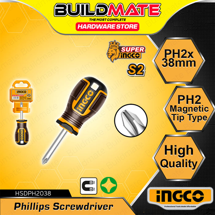 BUILDMATE Ingco Phillips Screwdriver PH2x38mm Compact Pocket Crosshead Magnetic Stubby Mini Screw Driver for Electronics & DIY HSDPH2038 - IHT