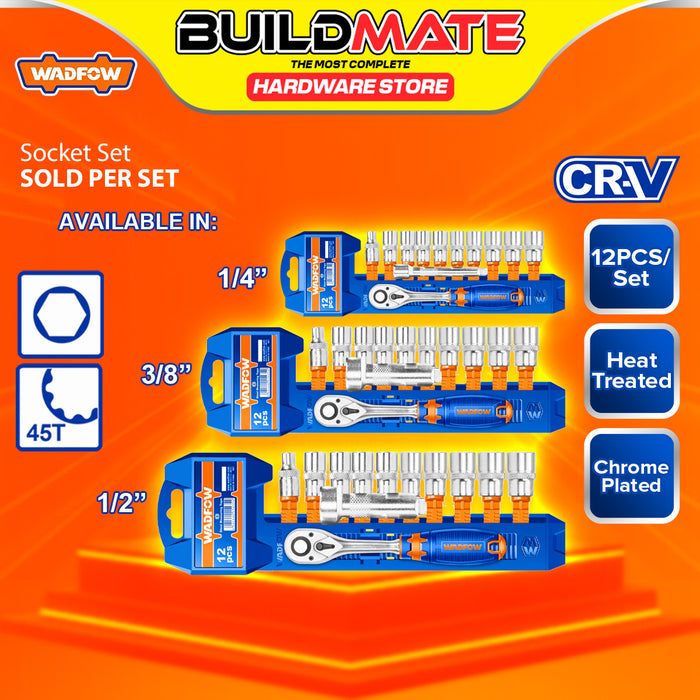 BUILDMATE Wadfow 12pcs Socket Set 1/4" | 3/8" | 1/2"With Ratchet Handle & Extension Bar Mechanics Socket Tool Kit for DIY Home Use & Automotive Repair - WHT