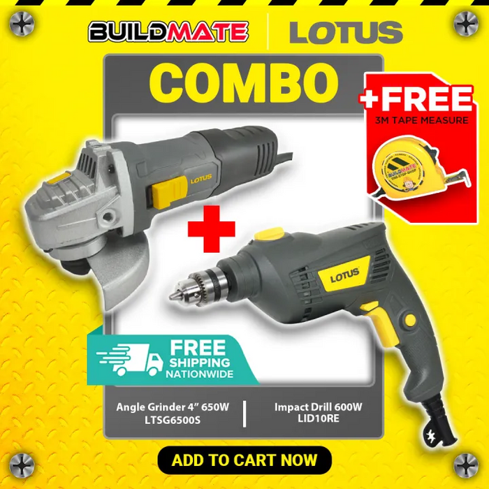 [COMBO] LOTUS Angle Grinder 650W LTSG6500S + Electric Impact Drill 600W SET LID10RE + FREE TAPE MEASURE •BUILDMATE• LPT