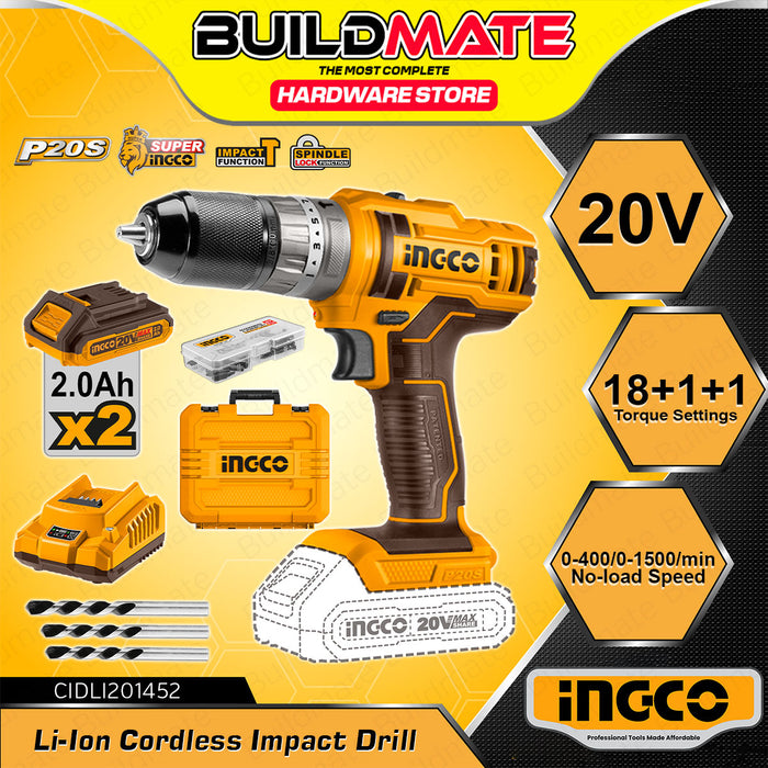 BUILDMATE Ingco Lithium-Ion Cordless 20V Impact Drill 45Nm - 65Nm with Battery and Charger 2-Speed Mechanical Gear Combo Kit Set SOLD PER SET - ICPT