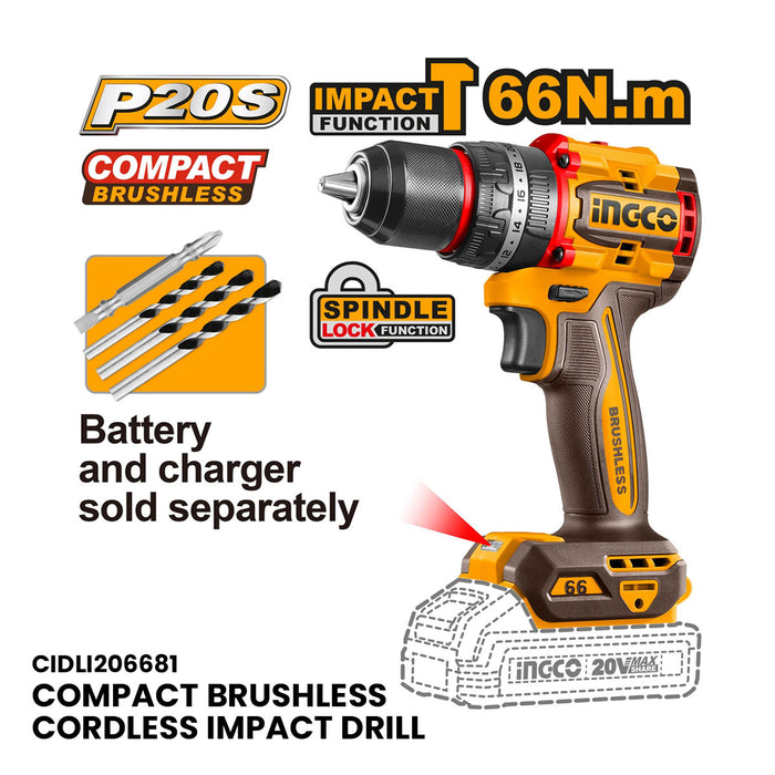 BUILDMATE Ingco 20V Compact Brushless Cordless Impact Drill 66N.m Rechargeable Portable Impact Drill Driver Tool For Automotive & Home Improvement CIDLI206681 - ICPT