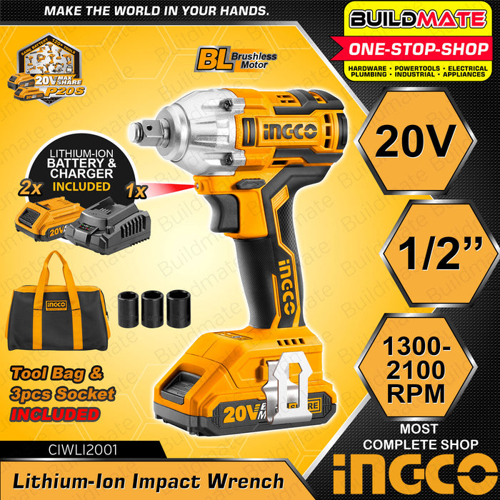 BUILDMATE Ingco Lithium-Ion Cordless 20V Brushless Impact Wrench / Driver with Cordless Drive Ratchet / Work Lamp Combo Kit Set - IPX