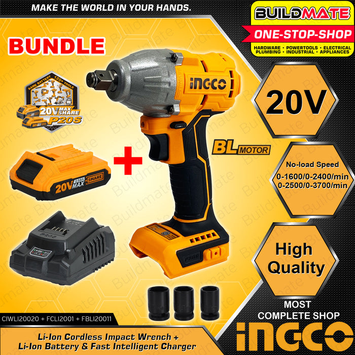 BUILDMATE Ingco Lithium-Ion Cordless 20V Brushless Impact Wrench / Driver with Cordless Drive Ratchet / Work Lamp Combo Kit Set - IPX