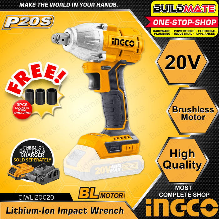 BUILDMATE Ingco Lithium-Ion Cordless 20V Brushless Impact Wrench / Driver with Cordless Drive Ratchet / Work Lamp Combo Kit Set - IPX