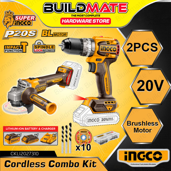 [EXCLUSIVE] BUILDMATE Ingco 2pcs Brushless Cordless Combo Kit 20V Lithium-Ion Angle Grinder & Compact Impact Drill Power Tools Set CKLI2027310 - IPX