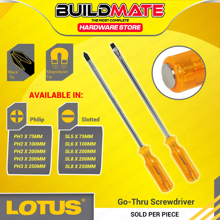 BUILDMATE Lotus Go - Thru Slotted Flat & Philips Screwdriver 75mm / 100mm / 200mm Hand Repair Tools SOLD PER PIECE - LHT