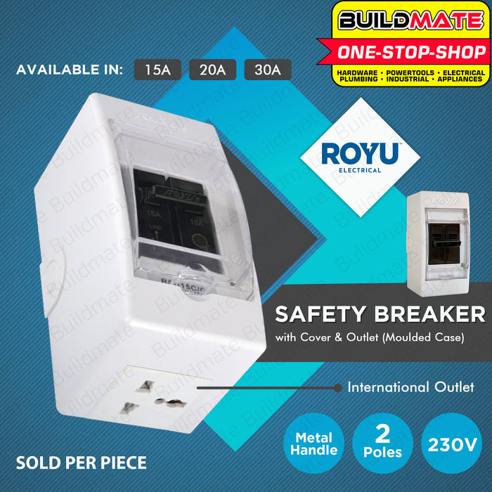 BUILDMATE Royu Safety Breaker with Cover & Outlet 2 Pole 15A | 20A | 30A [SOLD PER PIECE] Electrical Safety Breaker Safety Circuit Breaker Moulded Case Bolt-On Type Electrical Outlet Cover Electrical Circuit Safety International Outlet