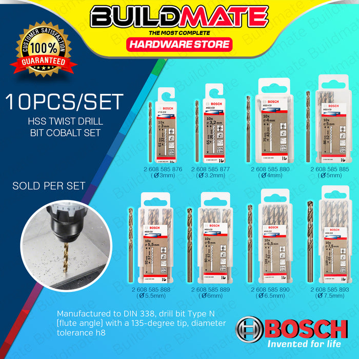 BUILDMATE Bosch 10PCS Metal Drill Bit Set 3MM - 7.5MM HSS-Co Twist Drills Cobalt Stainless Steel Drilling - BAX