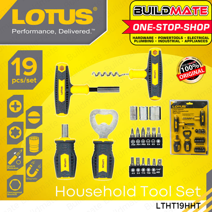 Lotus 19PCS Household Tool Set Kitchen Bar Tool Set with Socket Bits Corkscrew Bottle Opener Screwdriver Repair Tool Kit Hand Tool Kit Auto Repair Mechanic Tools Set LTHT19HHT •BUILDMATE• LUTOS LHT