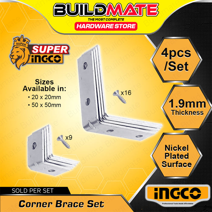 BUILDMATE Ingco 4pcs Corner Brace Set 20x20mm / 50x50mm Nickle Plated L-Bracket Angle Shelf Bracket Corner Support - IHT