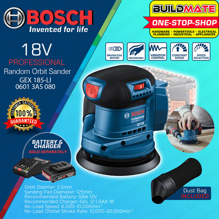 BUILDMATE Bosch Brushless Cordless Random Orbital Sander 18V 125mm Variable Speed (BARE TOOL) Wood Sander Orbital Sander Finishing Sander Wood Orbital Sanding Finish Polishing Machine Electric Sander GEX185-LI Solo 06013A5080 • BLC