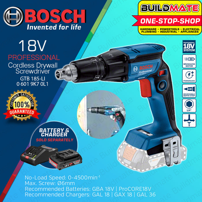 BUILDMATE Bosch Cordless Drywall Screwdriver 18V Handheld Drill with FREE Screwdriver Bit Brushless Bare Tool GTB185-LI Solo 06019K70L1 | 100% ORIGINAL / AUTHENTIC • BLC