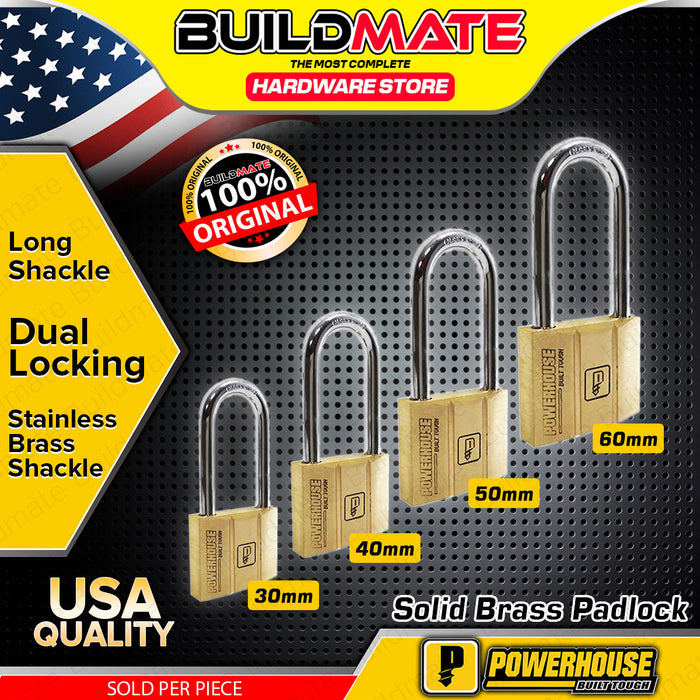 BUILDMATE Powerhouse Solid Brass Padlock LONG SHACKLE 30mm - 60mm with 3pcs Keys Anti-Theft Dual Locking Keyed Security Pad Lock - PHHT