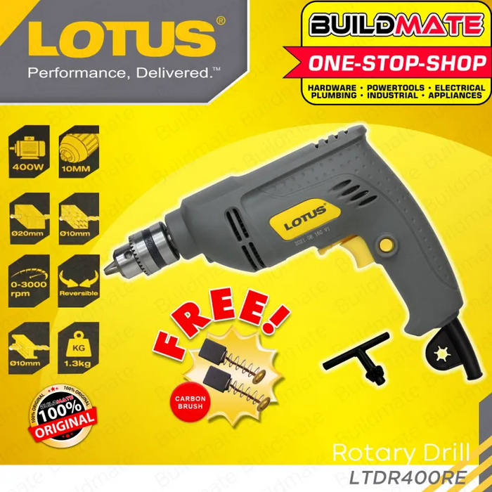 LOTUS Rotary Drill 10mm 400W Soft Grip For Drilling With Free Carbon Brush LTDR400RE •BUILDMATE•