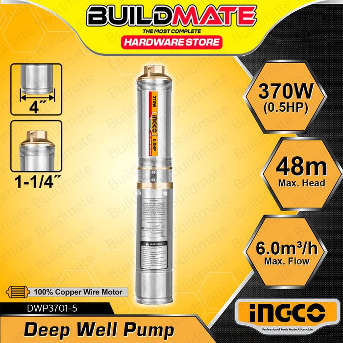 BUILDMATE Ingco 4" Deep Well Pump 0.5hp Stainless Steel Pump Body Borehole Water Pumps For Irrigation & Water Supply DWP3701-5 - IIT