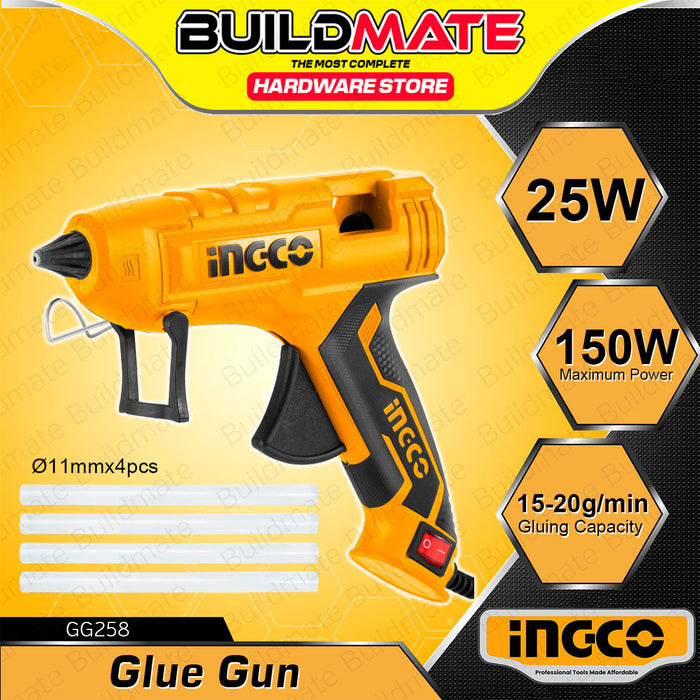 BUILDMATE Ingco Glue Gun 25W (Max. 150W) With 4pcs Glue Stick Hot Melt Crafting Tool Electric Hot Glue Stick Gun GG258 - IPT