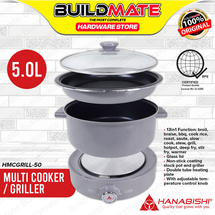 BUILDMATE Hanabishi 13 in 1 Multi Cooker / Griller 5.0L Non Stick Coating Pot & Griller Multi-Function Household Appliances HMCGRILL-50