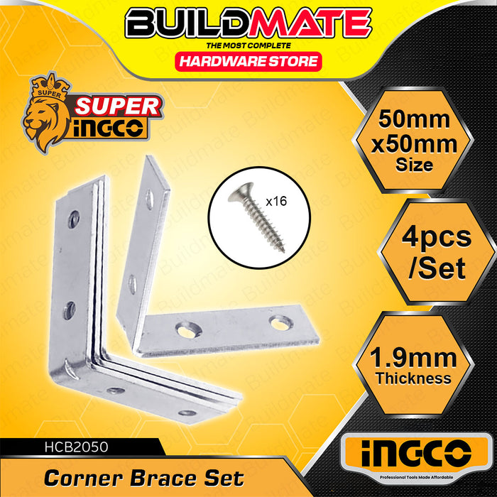 BUILDMATE Ingco 4pcs Corner Brace Set 20x20mm / 50x50mm Nickle Plated L-Bracket Angle Shelf Bracket Corner Support - IHT