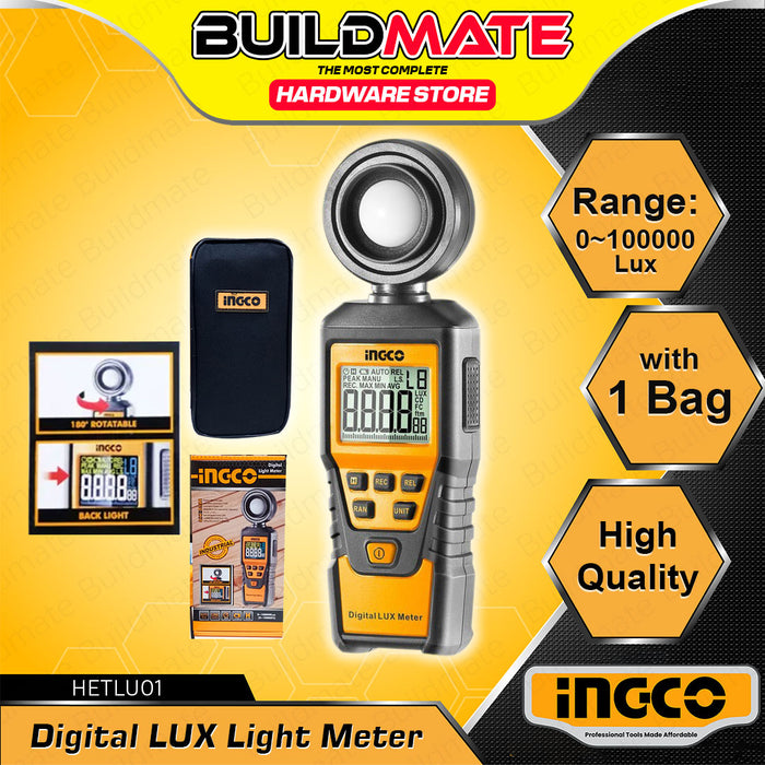 BUILDMATE Ingco Digital Light Luxmeter 0~100000LUX Light Brightness Measuring Lux Level Meter Tester HETLU01 - IPT