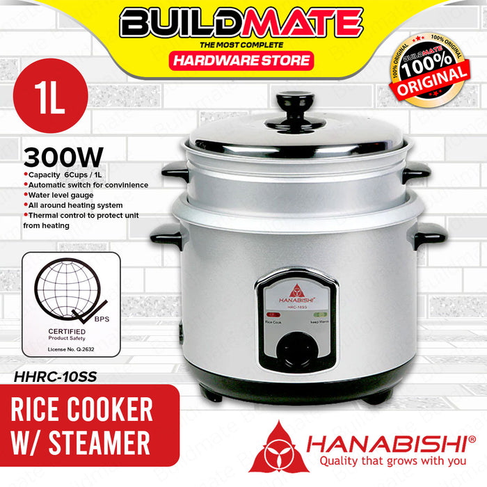 BUILDMATE Hanabishi Automatic 1.0L Rice Cooker with Steamer and Keep Warm System Silver Series Electric Cooker Appliances HHRC-10SS