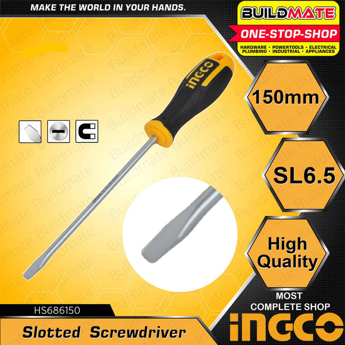 BUILDMATE Ingco Slotted Flat Screwdriver SL6.5x150mm S2 / Cr-V Flathead Round Shank Screw Driver Repair Hand Tools SOLD PER PIECE - IHT