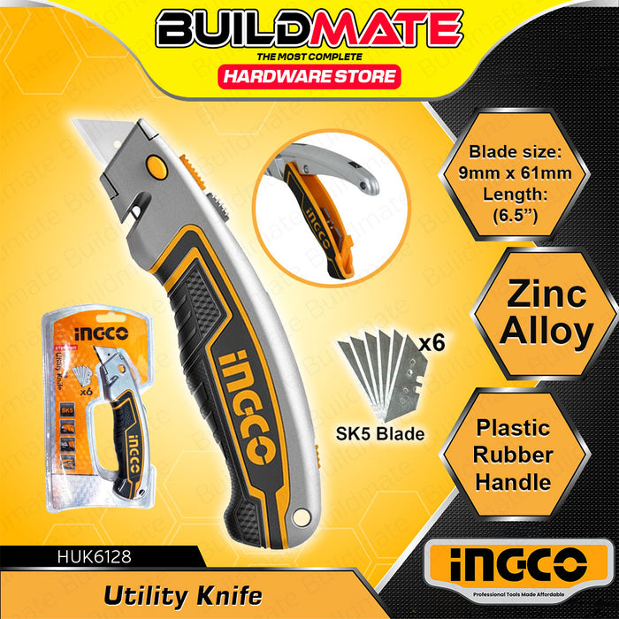 BUILDMATE Ingco Alloy Utility Knife 19x61mm with 6pcs SK5 Blade Multi-purpose Retractable Craft Cutter HUK6128 - IHT