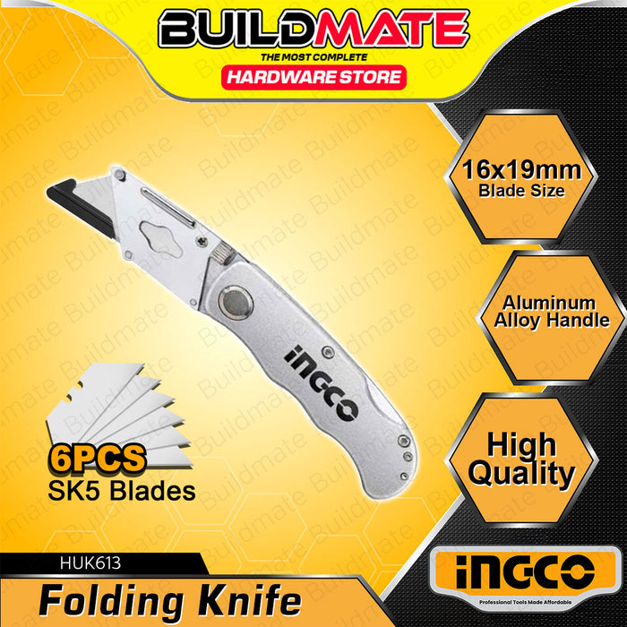 BUILDMATE Ingco Folding Knife 61x19mm Aluminum Alloy Handle Compact EDC Knives Foldable Pocket Knife With 6pcs SK5 Blades  - IHT