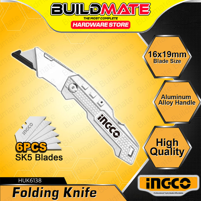 BUILDMATE Ingco Folding Knife 61x19mm Aluminum Alloy Handle Compact EDC Knives Foldable Pocket Knife With 6pcs SK5 Blades  - IHT