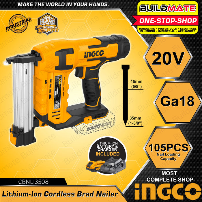 BUILDMATE Ingco Lithium-Ion Cordless 20V Brad Nailer Kit 15mm-50mm Woodworking Pin Nailer Driver Bradder Nailing Tool - ICPT