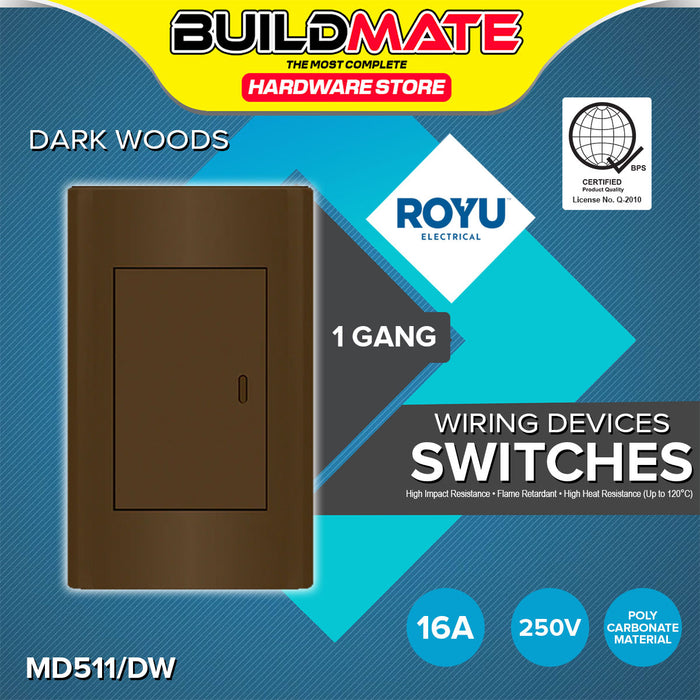 BUILDMATE Royu Plano 1 / 3 Gang Switch Set Wide Series Dark Wood with Steel Plate Support Wall Light Fire Retardant Switches MD511/DW / MD515/DW