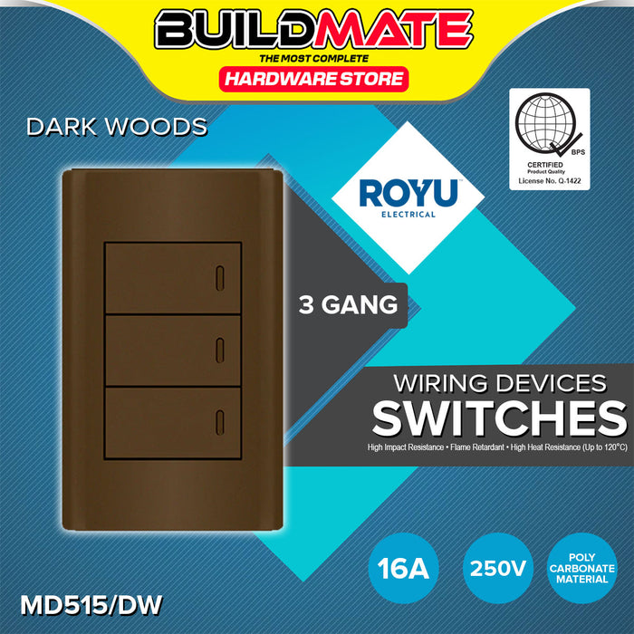 BUILDMATE Royu Plano 1 / 3 Gang Switch Set Wide Series Dark Wood with Steel Plate Support Wall Light Fire Retardant Switches MD511/DW / MD515/DW