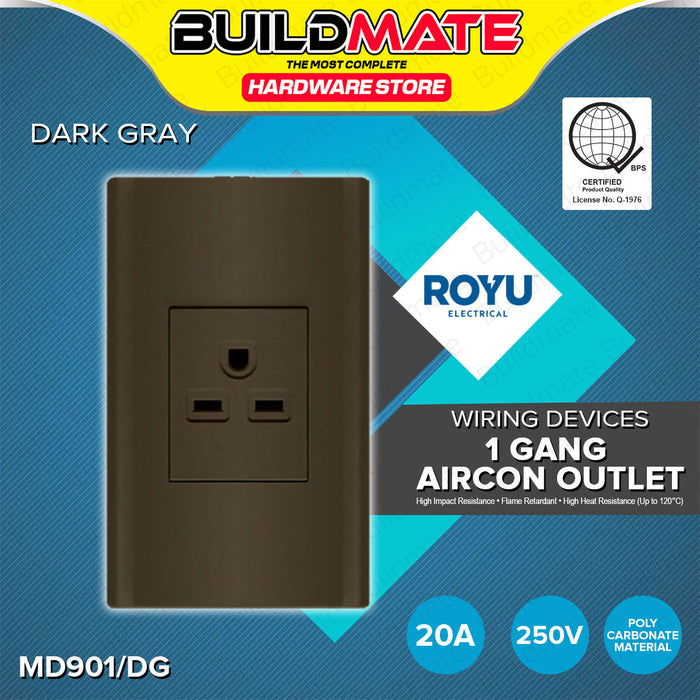 BUILDMATE Royu Plano Outlet Set Wide Series Dark Gray 250V Polycarbonate Electrical Wall Plug Socket UV Resistant & Flame Retardant Outlets