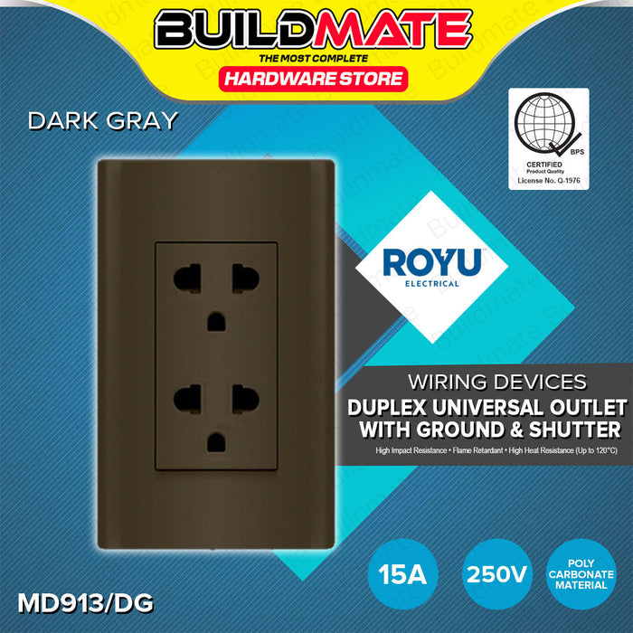 BUILDMATE Royu Plano Outlet Set Wide Series Dark Gray 250V Polycarbonate Electrical Wall Plug Socket UV Resistant & Flame Retardant Outlets