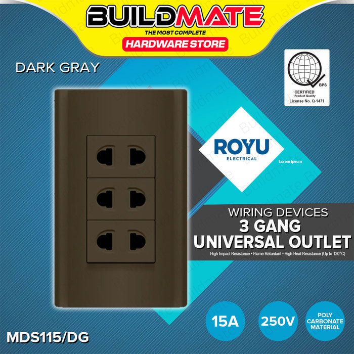 BUILDMATE Royu Plano Outlet Set Wide Series Dark Gray 250V Polycarbonate Electrical Wall Plug Socket UV Resistant & Flame Retardant Outlets