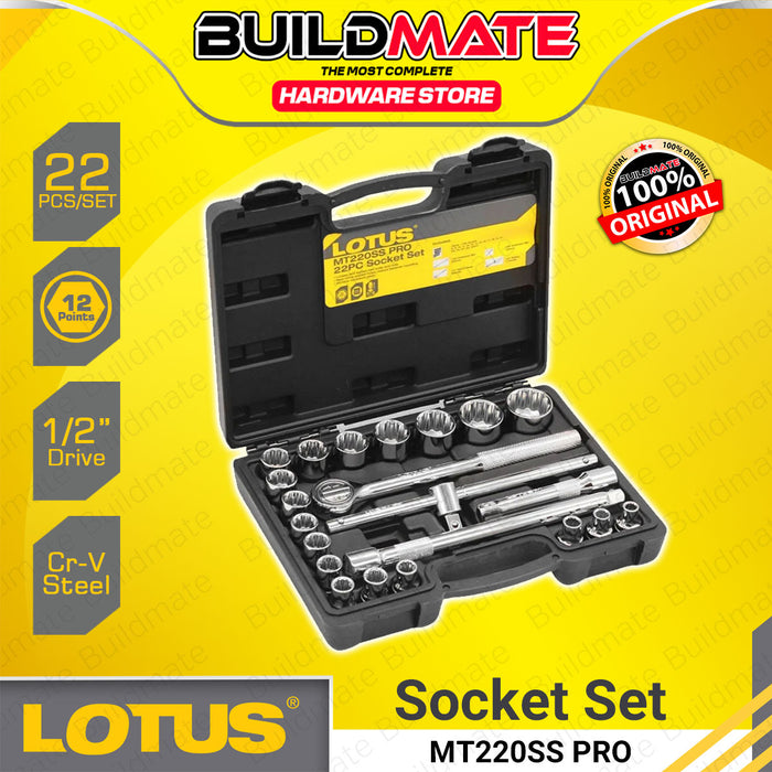 BUILDMATE Lotus 22pcs Socket Set 1/2" 12 Points Auto Repair Ratchet Drive Wrench Mechanic Bolt & Nut Driver Repair Tool Kit MT220SS PRO