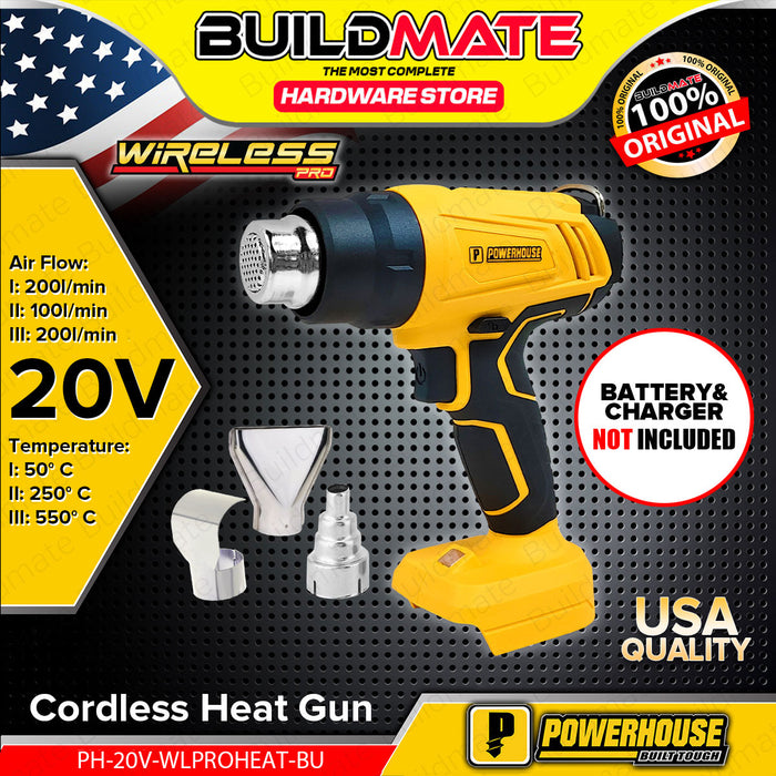 BUILDMATE Powerhouse Cordless Heat Gun 20V Hot Air Gun With 3pcs Nozzle Rechargeable Plastic Sealer Heat Shrink Blower Paint Stripping Heating Tool PH-20V-WLPROHEAT - PHPT