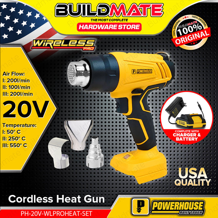 BUILDMATE Powerhouse Cordless Heat Gun 20V Hot Air Gun With 3pcs Nozzle Rechargeable Plastic Sealer Heat Shrink Blower Paint Stripping Heating Tool PH-20V-WLPROHEAT - PHPT